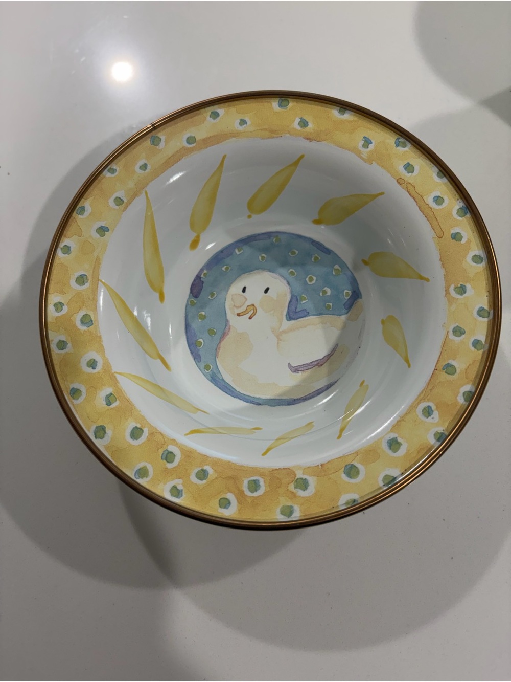 MacKenzie-Childs Yellow, Blue and Gold Duck-Illustrated Serving Bowl